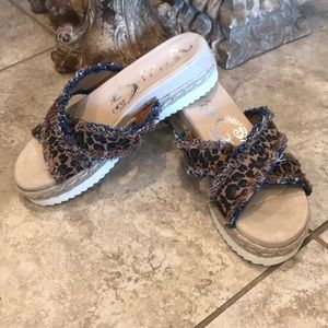Leopard print wedge slips on sandals. Size 9